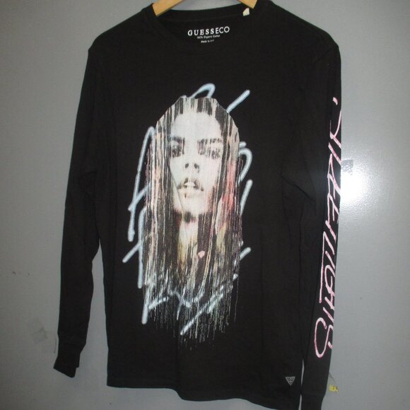 GUESS ECO Shirt Size XS Black With Graphics Long Sleeve 100% Organic Cotton - Picture 1 of 12